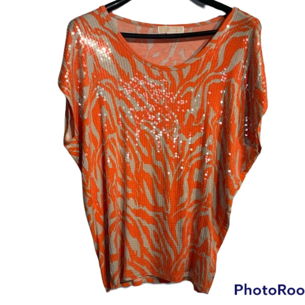 Michael by Michael Kors Clear Sequin Dolman Blouse Top Orange & Beige Large